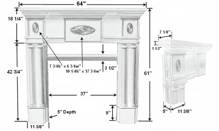 Peachtree 36 Tall Plaster Fireplace Mantel - Dimensions