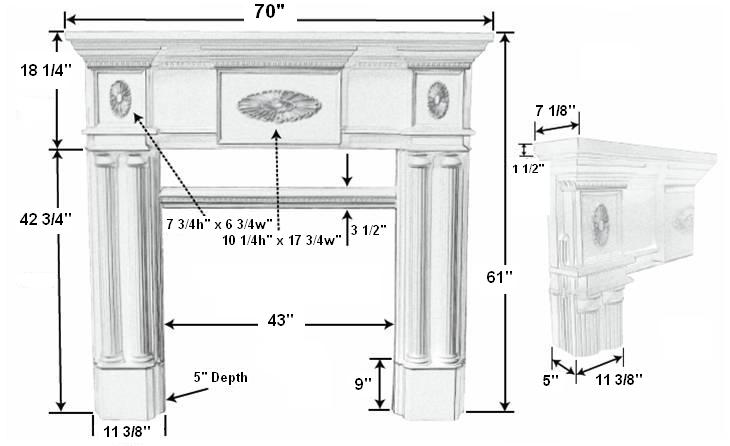 Peachtree 42 Tall Plaster Fireplace Mantel - Dimensions